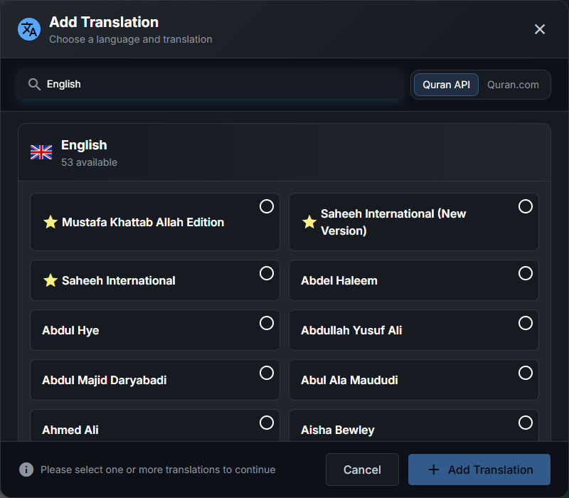 Add translation dialog showing the language and edition selection