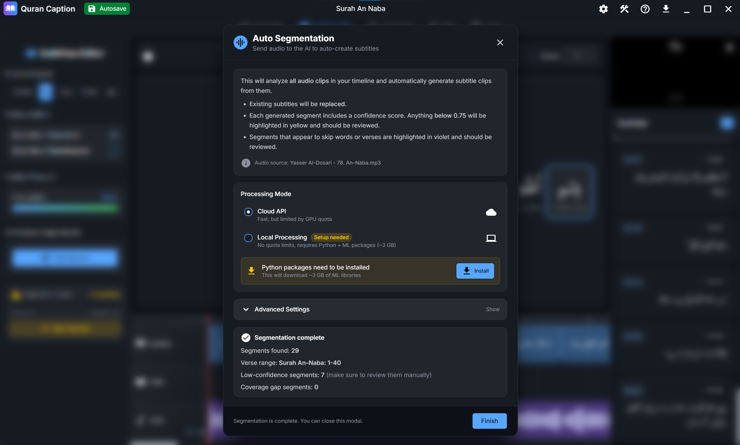 AI segmentation interface showing Auto-Segment button and processing options