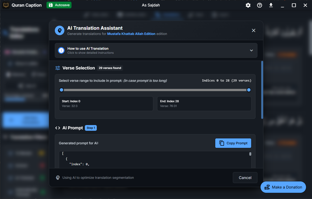 Interface showing the AI Response input field where you paste the AI-generated translation