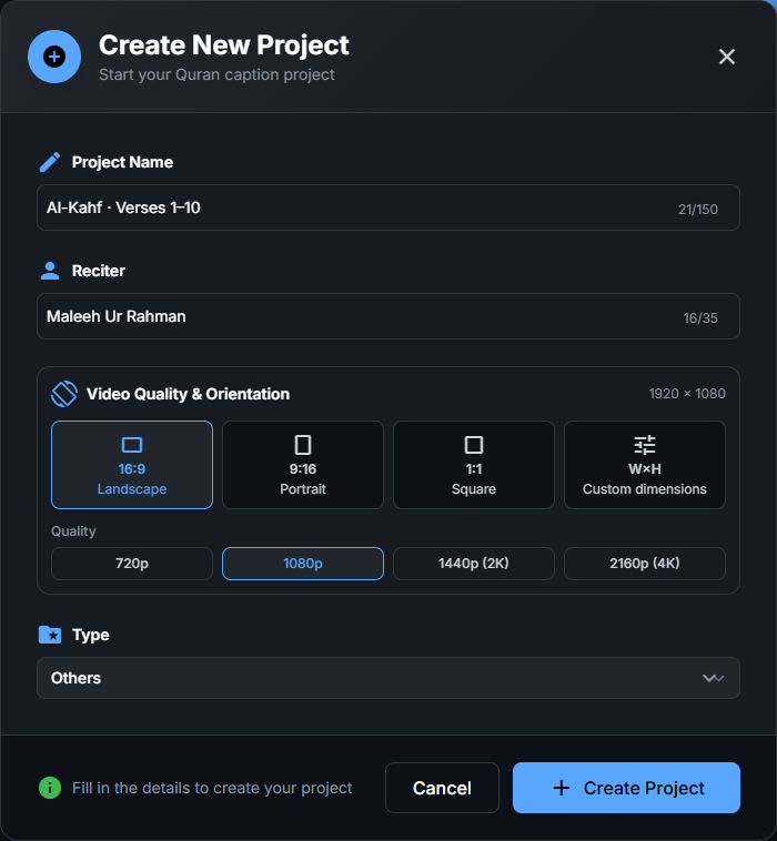 Create New Project dialog with name, reciter, orientation, quality, and type fields