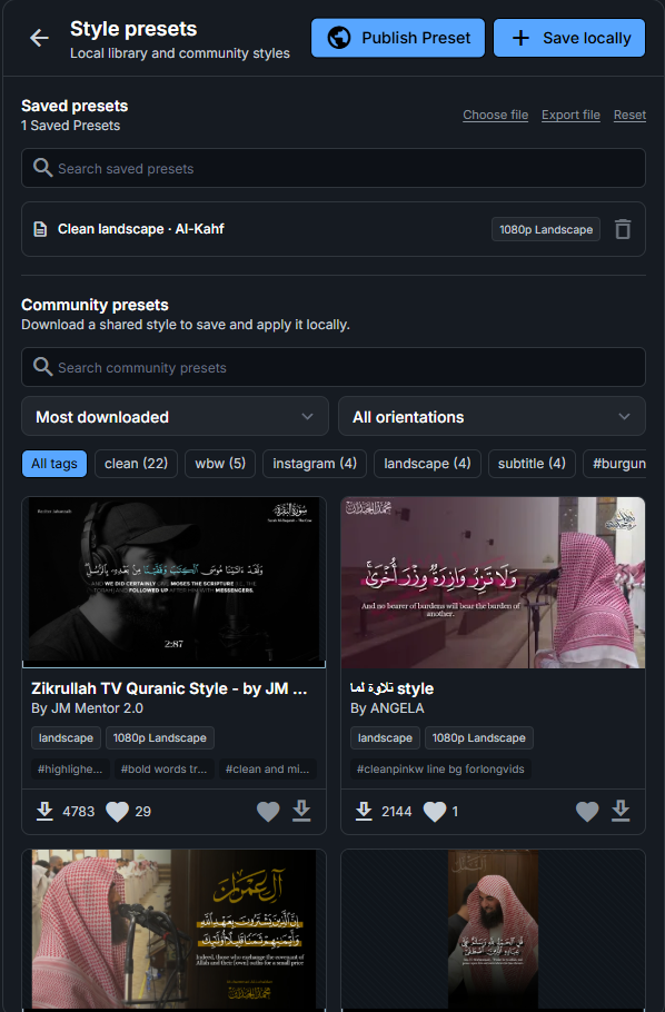 Presets library showing community and saved presets
