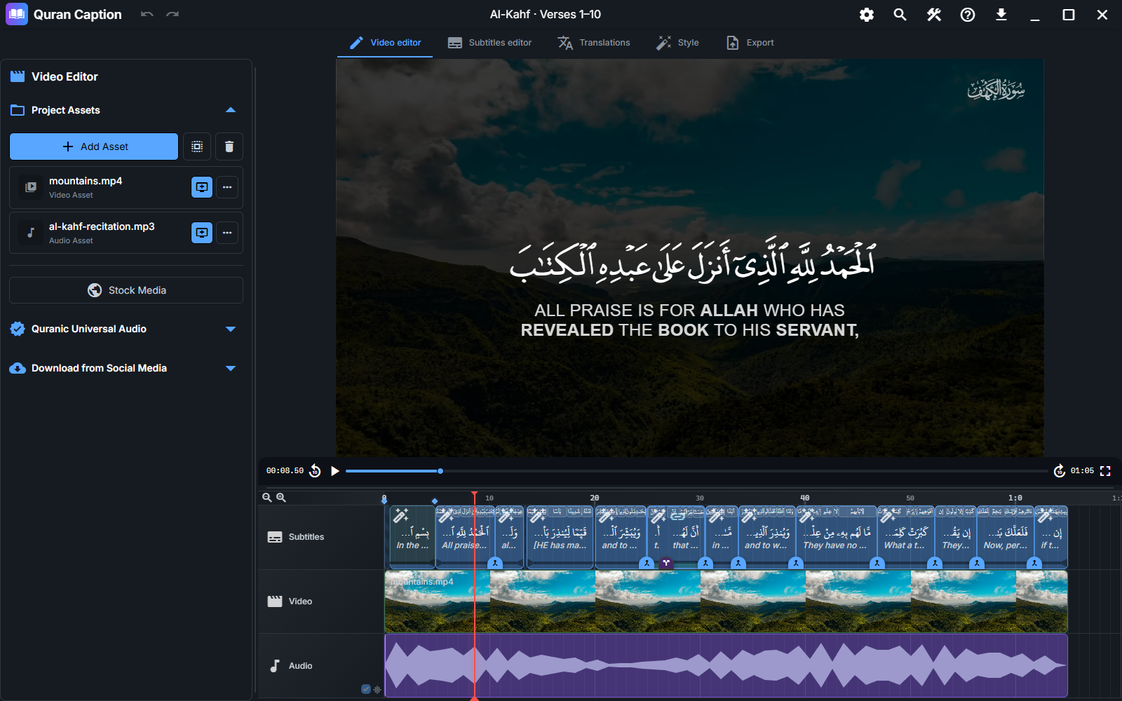 Project editor showing the five tabs, the video preview, and the timeline