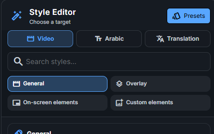 The three style targets: Video, Arabic, and Translation