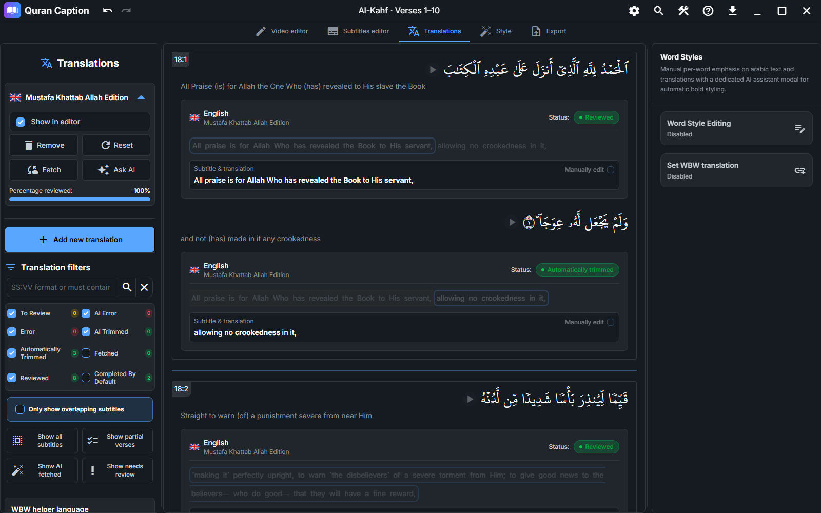 Translations tab showing the added translations and the filter panel